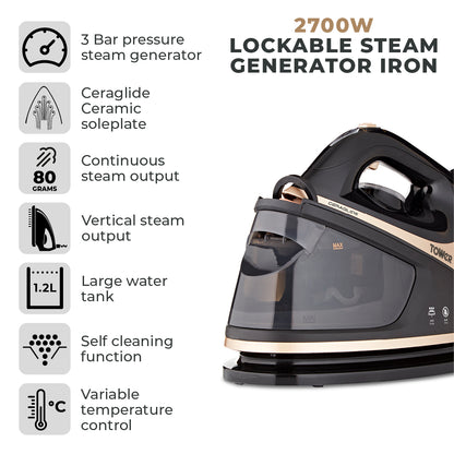 5056462306230 TOWER 2700W Steam Generator with 1.2 Litre Capacity Water Tank Steam Generating Iron T22023GLD Brambles Cookshop 2