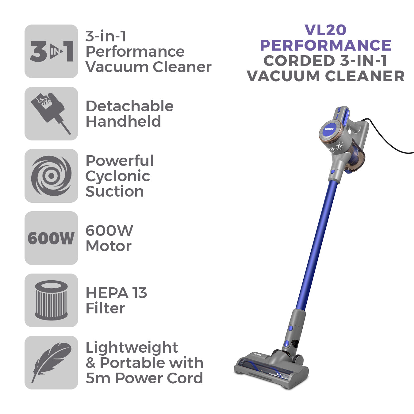 5056462346786 TOWER VL20 Pets Corded Stick 3 in 1 Corded Stick Vacuum Cleaner T513006PETS Brambles Cookshop 2