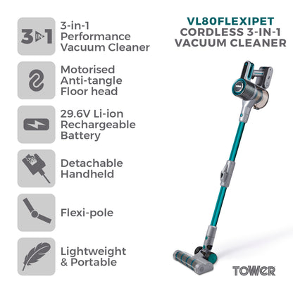 5056462346816 TOWER VL80 Flexi Cordless Vacuum Cordless 3-IN-1 Vacuum Cleaner T513011PETS Brambles Cookshop 2