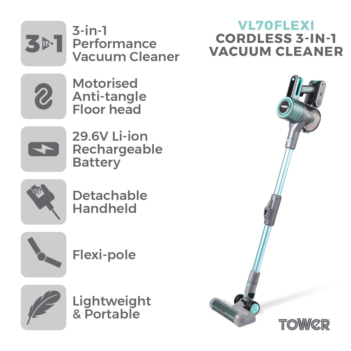 5056462346793 TOWER VL70 Flexi Cordless Vacuum Cordless 3-IN-1 Vacuum Cleaner T513011 Brambles Cookshop 2