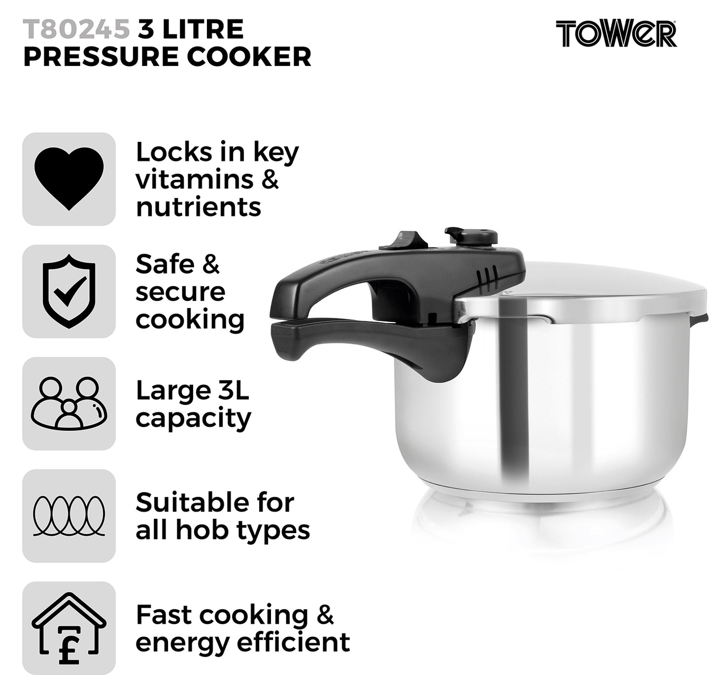 5056032901742 TOWER 3 Litre Stainless Steel Pressure Cooker T80245 Brambles Cookshop 2