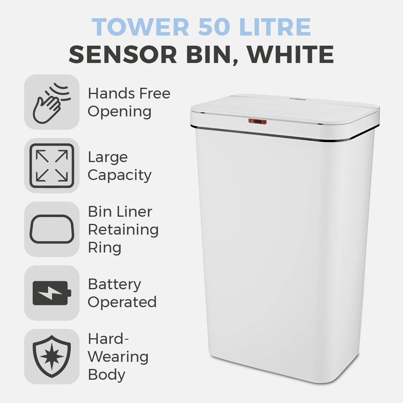 5056032974661 TOWER 50L Rectangular Sensor Bin White T838005W Brambles Cookshop 2