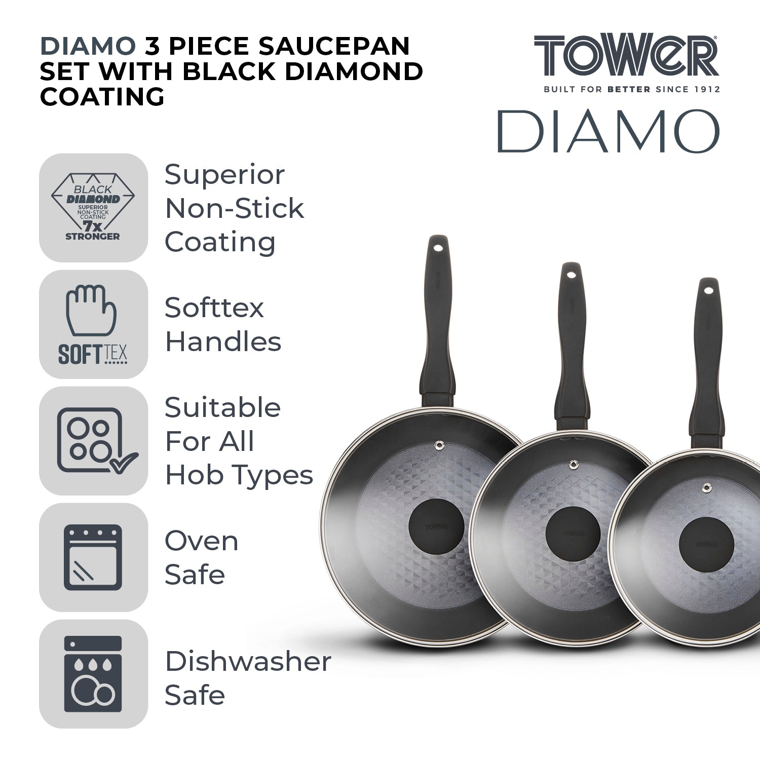 5056032988835 TOWER Diamo 3 Piece Saucepan Set T900131 Brambles Cookshop 2