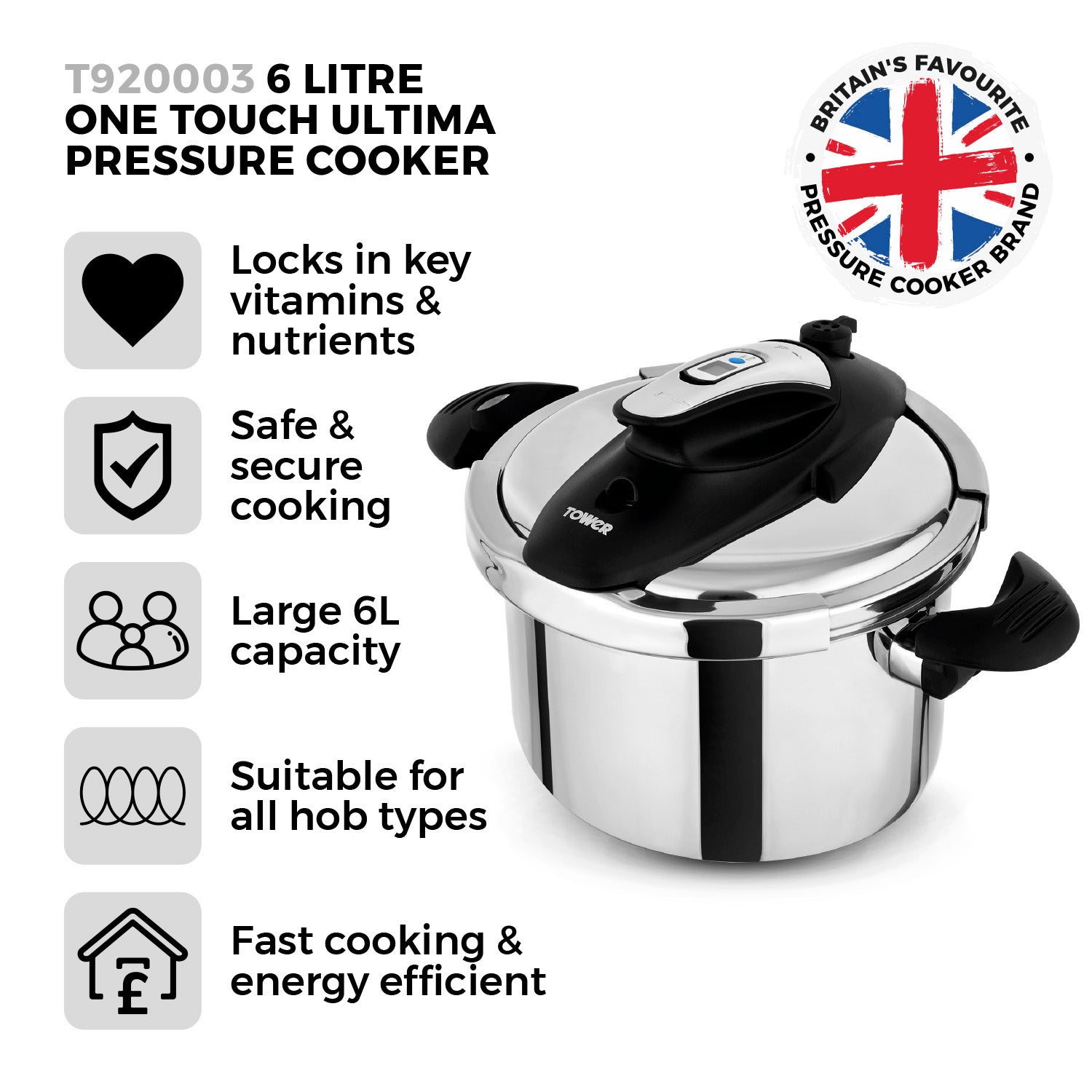 5056032958623 TOWER One-Touch Ultima 6L Pressure Cooker S/S T920003 Brambles Cookshop 2