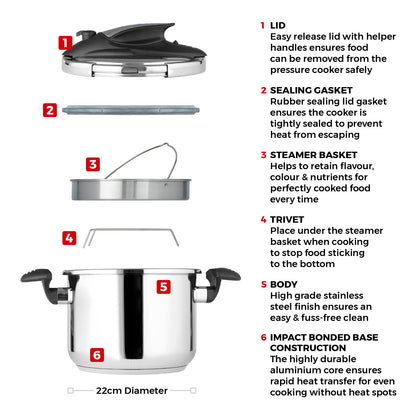 5056032958623 TOWER One-Touch Ultima 6L Pressure Cooker S/S T920003 Brambles Cookshop 8