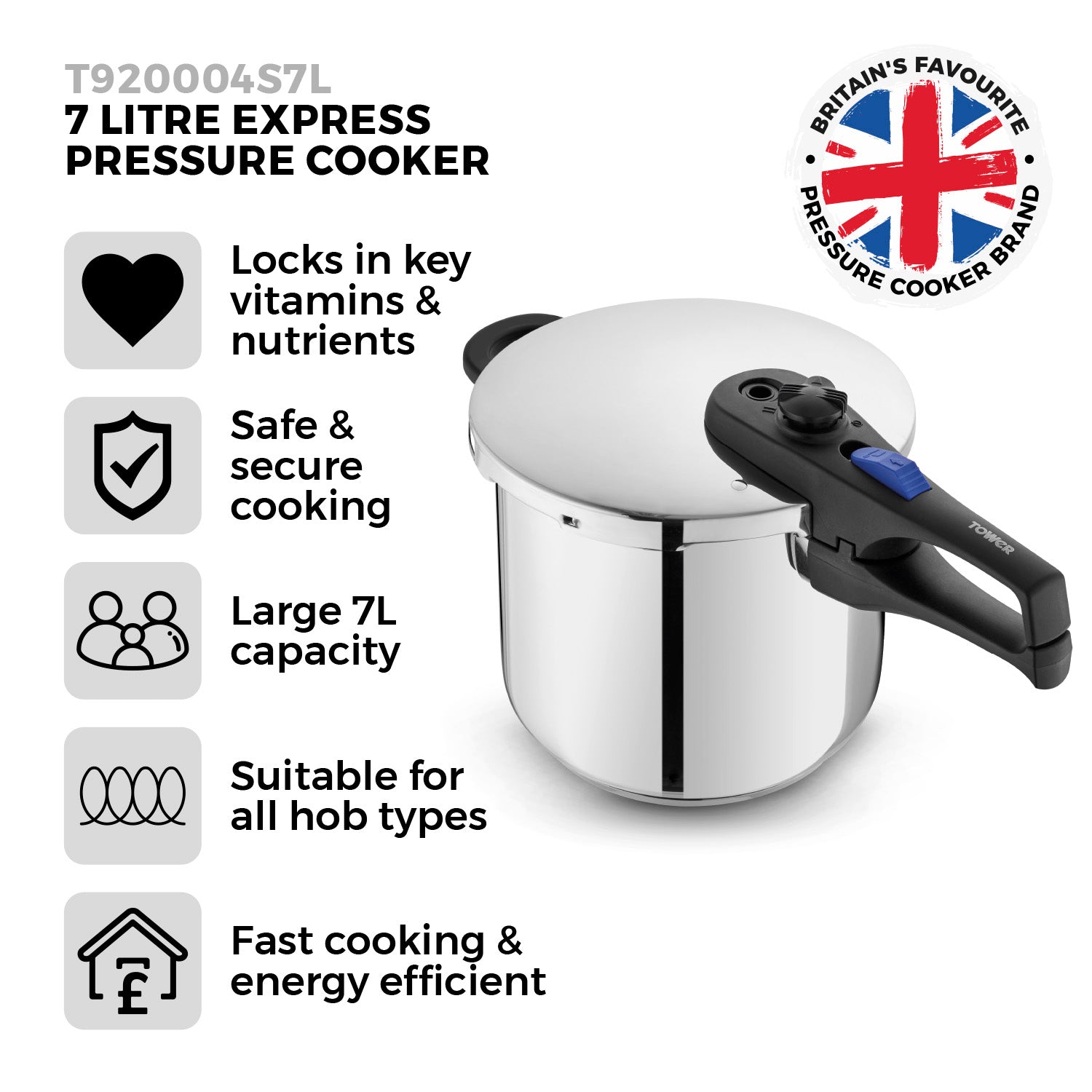 5056032970359 TOWER Express 7 Litre Stainless Steel Pressure Cooker T920004S7L Brambles Cookshop 2