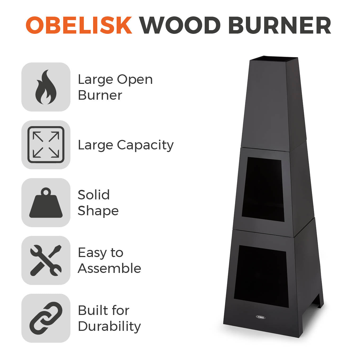 5056032995963 TOWER Obelisk Wood Burner Chimnea With Log Burner T978509 Brambles Cookshop 2