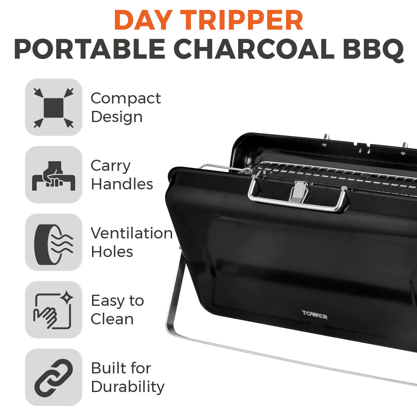 5056032996106 TOWER Day Tripper BBQ Portable Charcoal Barbecue - Black T978516BLK Brambles Cookshop 2