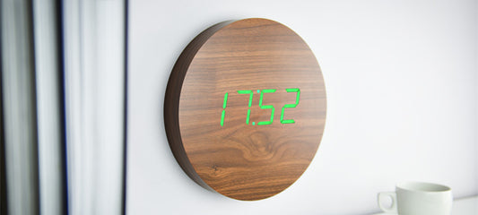 0700900316750 Wall Click Clock Walnut / Green LED Gingko Design