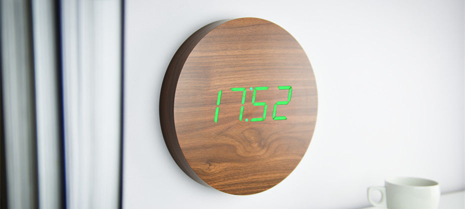 0700900316750 Wall Click Clock Walnut / Green LED Gingko Design