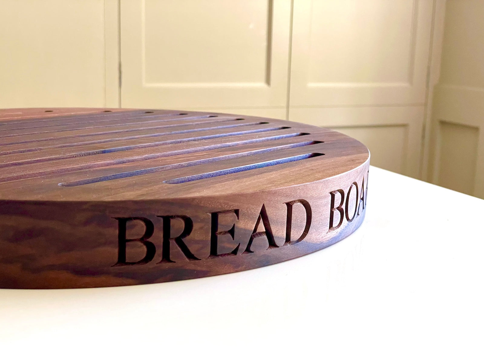 Personalised Round Wooden Bread Board with Crumb Collector  by Make Me Something Special