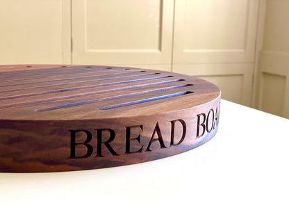 Personalised Round Wooden Bread Board with Crumb Collector  by Make Me Something Special