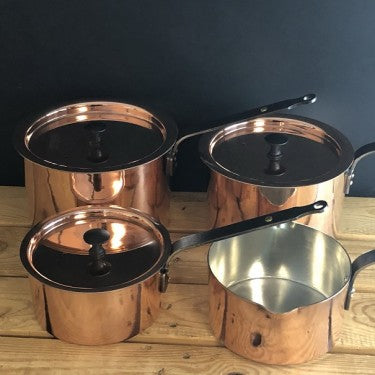 Netherton Foundry Copper pan set : Milk pan and  6, 7, 8 inch spun saucepans with lids  NFS-315
