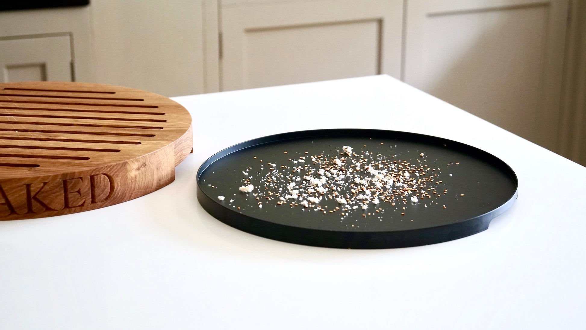 Personalised Round Wooden Bread Board with Crumb Collector  by Make Me Something Special