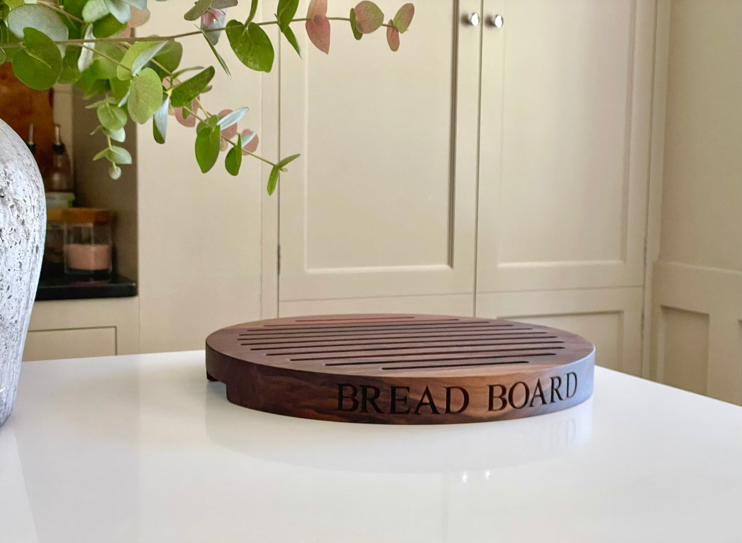 Personalised Round Wooden Bread Board with Crumb Collector  by Make Me Something Special