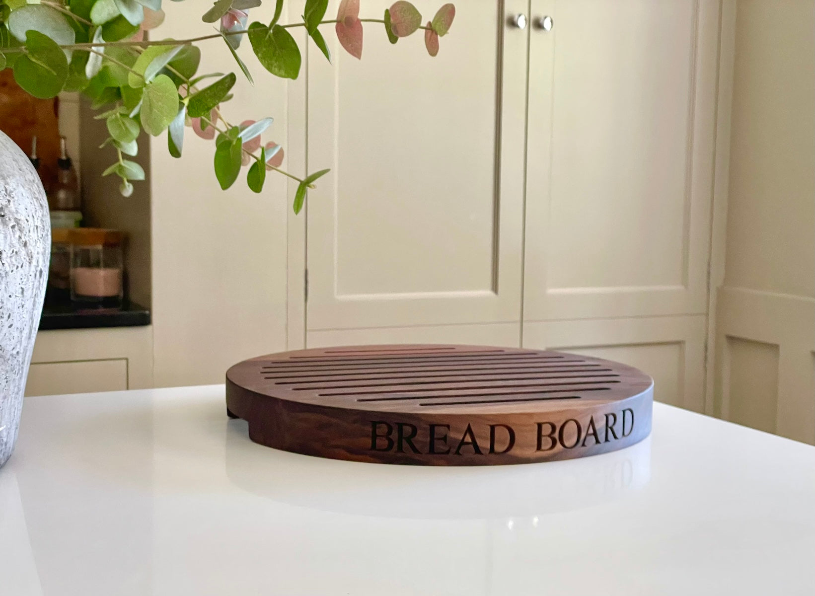 Personalised Round Wooden Bread Board with Crumb Collector  by Make Me Something Special