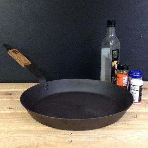Netherton Foundry 14” (36cm) Spun Iron Frying Pan from Brambles Cookshop Audlem Cheshire Best Frying Pan Skillet Heavy Duty hand made in Britain naturally non stick with flax oil.