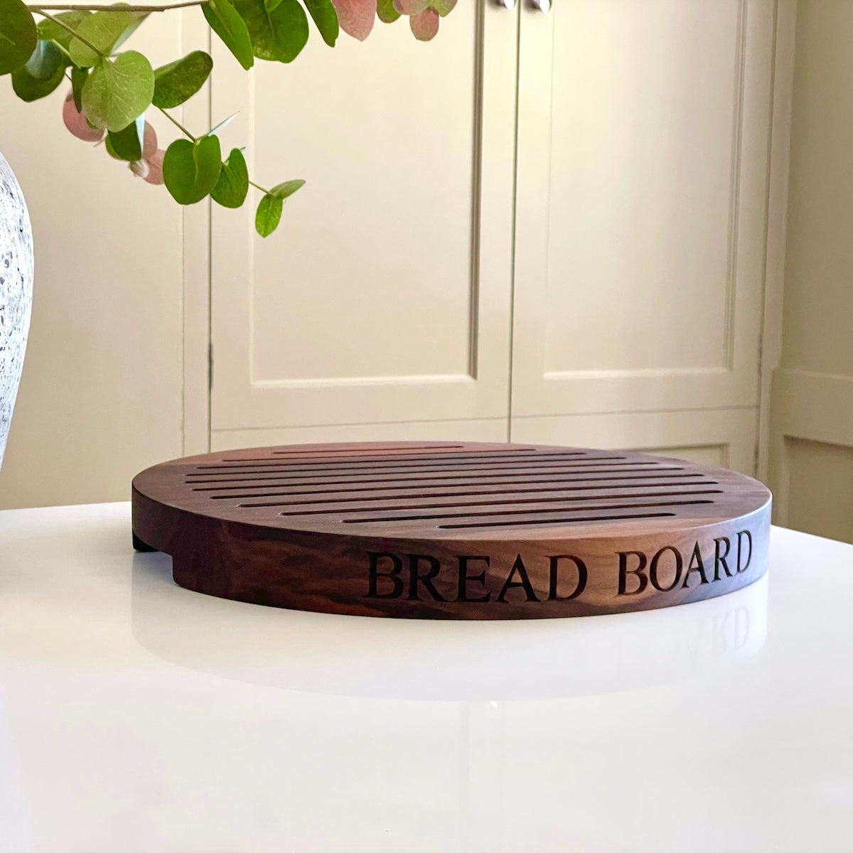 Personalised Round Wooden Bread Board with Crumb Collector  by Make Me Something Special