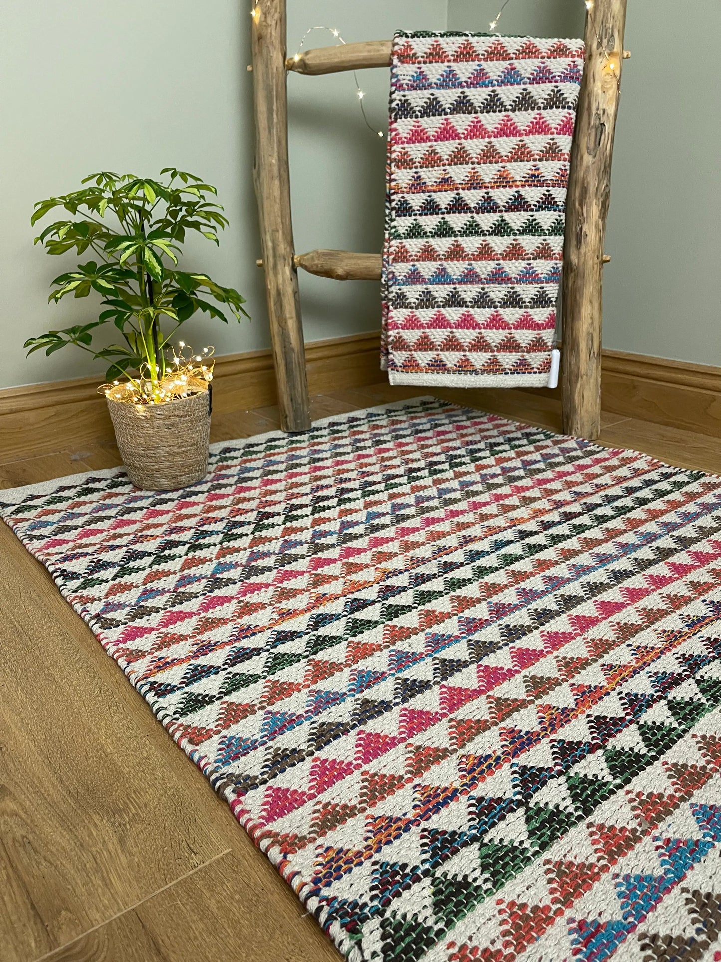 KARAL Pink Multicolour Triangle Bunting Stripe Cotton Rug 60 x 210 cm