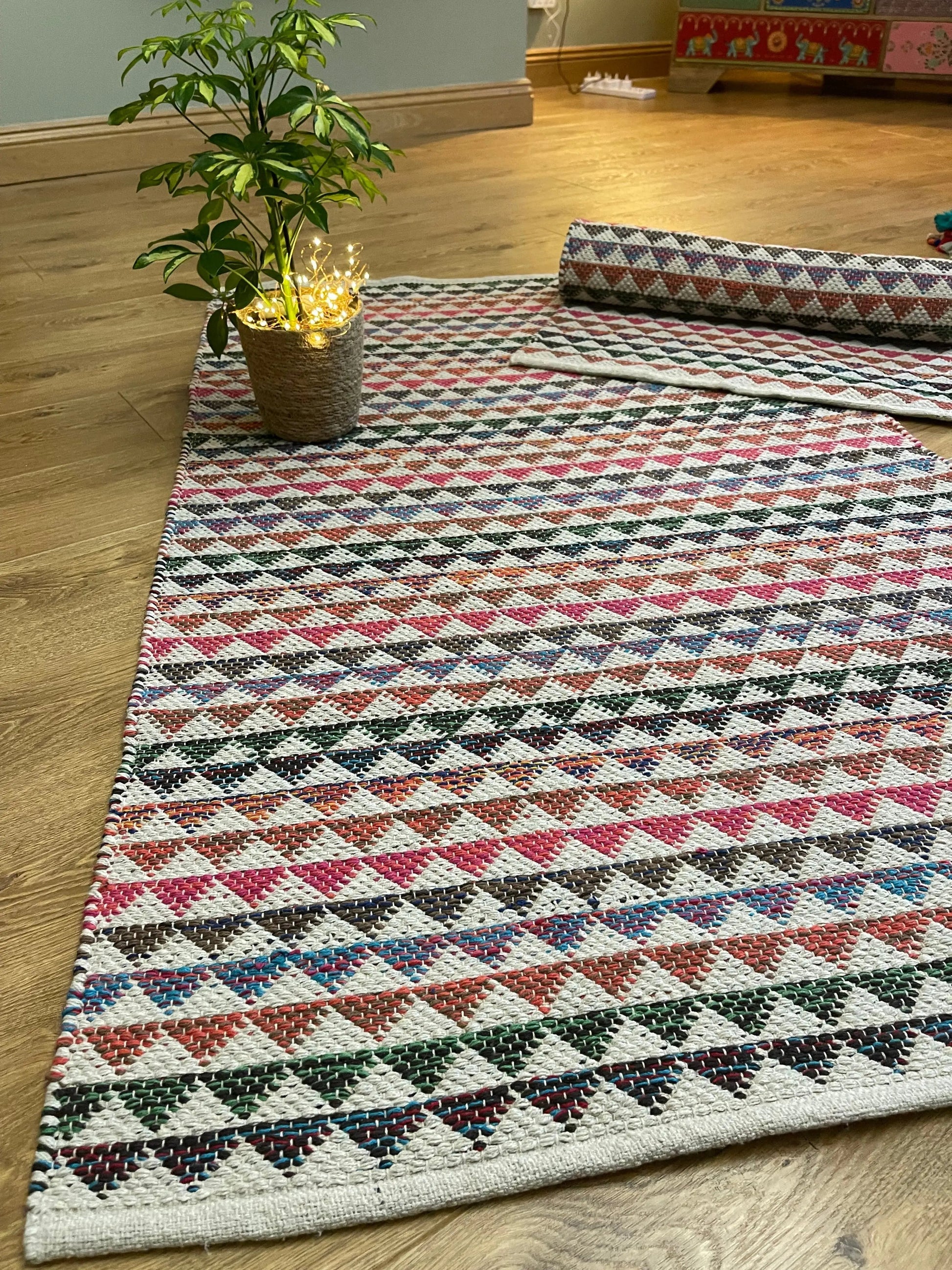 Second Nature KARAL Pink Multicolour Triangle Bunting Stripe Cotton Rug 75cm x 120cm