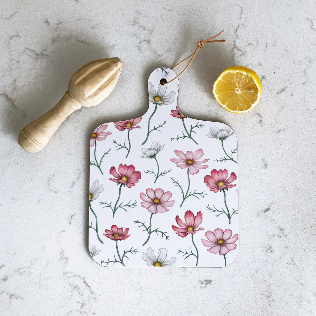 Lottie Murphy Cosmos Chopping Board Pink and White Cosmos Flowers Pattern - Small 23.5cm x 17.5cm