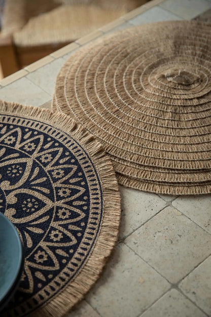 Set of 4 Jute Placemats with Mandala Design, Natural Printed Hessian Round Table Mats, 41cm
