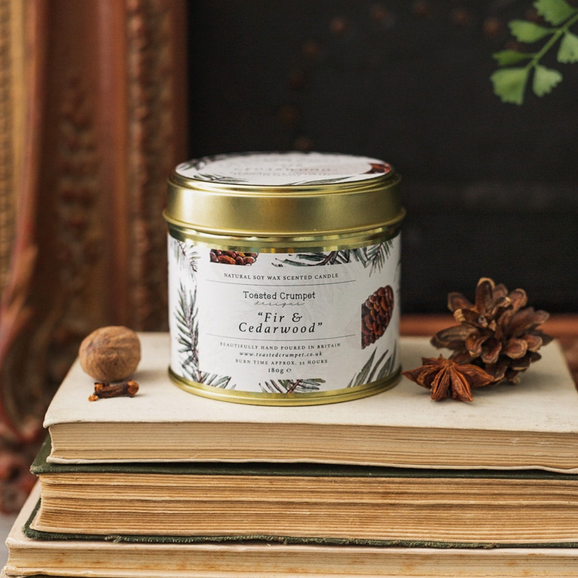 Toasted Crumpet Fir & Cedarwood Scented Candle in a Matt Gold Tin