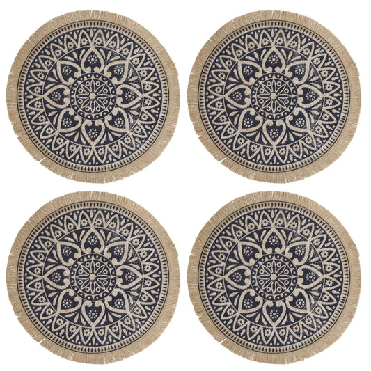 Creative Tops Set of 4 Jute Placemats with Mandala Design, Natural Printed Hessian Round Table Mats, 41cm