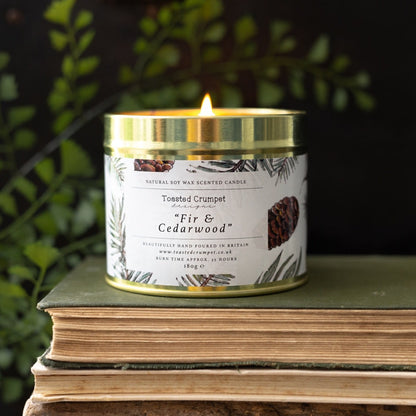 Toasted Crumpet Fir & Cedarwood Scented Candle in a Matt Gold Tin