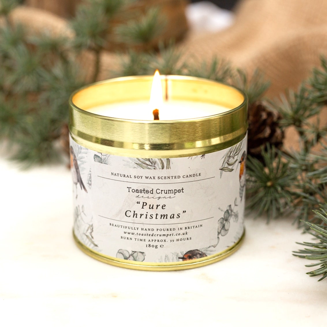 Toasted Crumpet Pure Christmas Robin & Eucalyptus Pure Scented Candle in a Matt Gold Tin