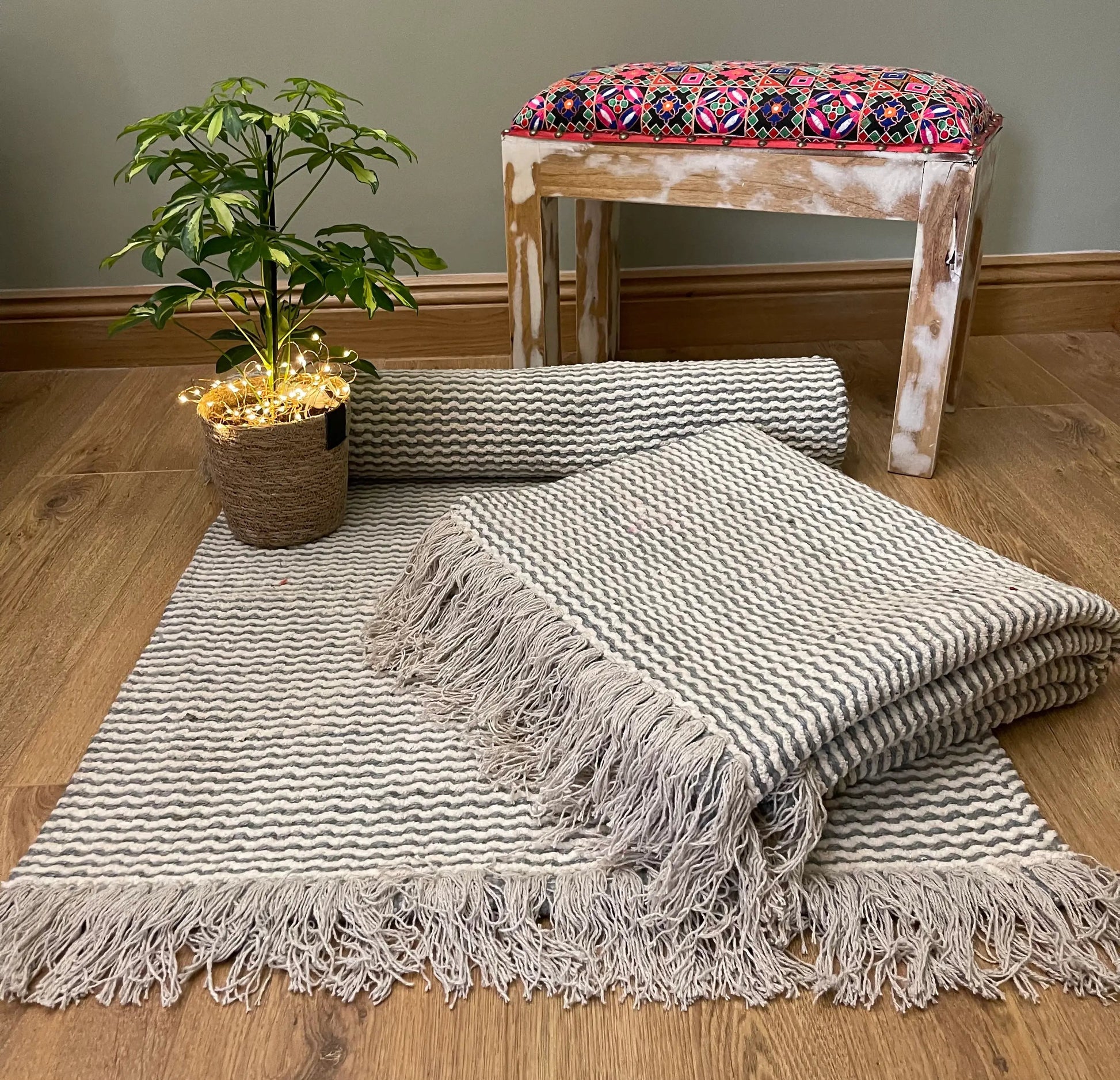 Second Nature TIMALTI Pale Grey Rug Stripe Cotton Jute and Chennile 90cm x 150cm